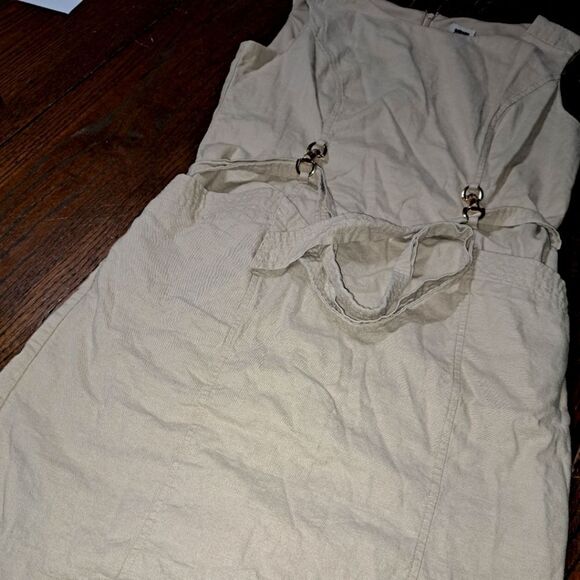 8P Ann Klein Sleeveless Tan Khaki Belted Midi Linen Dress with Buckle Detail - Picture 1 of 6